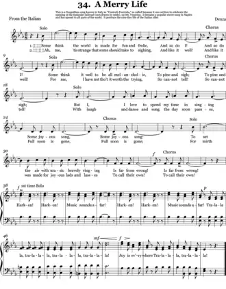 Strona zapisu nutowego piosenki w tłumaczeniu na język angielski (tytuł tłumaczenia: A Merry Life)