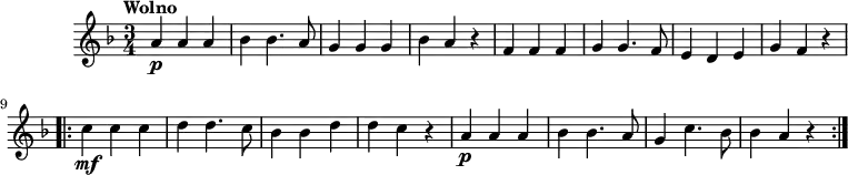  \header {tagline = ""}{{\key f \major \time 3/4 \tempo "Wolno"
 a'4\p a'4 a'4 bes'4 bes'4. a'8 g'4 g'4 g'4 bes'4 a'4 r4 f'4 f'4 f'4 g'4 g'4. f'8 e'4 d'4 e'4 g'4 f'4 r4
 \repeat volta 2 {c''4\mf c''4 c''4 d''4 d''4. c''8 bes'4 bes'4 d''4 d''4 c''4 r4 a'4\p a'4 a'4 bes'4 bes'4. a'8 g'4 c''4. bes'8 bes'4 a'4 r4}}}
\score {\unfoldRepeats {{\key f \major \time 3/4 \tempo 4 = 85
 a'4\p a'4 a'4 bes'4 bes'4. a'8 g'4 g'4 g'4 bes'4 a'4 r4 f'4 f'4 f'4 g'4 g'4. f'8 e'4 d'4 e'4 g'4 f'4 r4
 \repeat volta 2 {c''4\mf c''4 c''4 d''4 d''4. c''8 bes'4 bes'4 d''4 d''4 c''4 r4 a'4\p a'4 a'4 bes'4 bes'4. a'8 g'4 c''4. bes'8 bes'4 a'4 r4}}}
\midi {}}