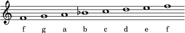 \relative f'{
\override Staff.TimeSignature #'stencil = ##f
\cadenzaOn f1 g a bes c d e f \cadenzaOff
}
\addlyrics { \small {
f g a b c d e f
} }