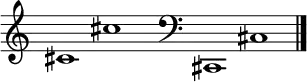 
\new Staff \with
{
  \omit TimeSignature
  fontSize = #2
  \override StaffSymbol.staff-space = #1.25
  \override StaffSymbol.thickness = #1.25
  \override Clef.full-size-change = ##t
  \override BarLine.hair-thickness = #2.4
  \override BarLine.thick-thickness = #7.5
  \override BarLine.kern = #3.75
  \override BarLine.transparent = ##t
}
{
  \time 18/8
  \clef treble
  s8
  cis'1 cis''
  s8
  \grace s8
  \clef bass
  \bar "|"
  s8
  cis,1 cis
  \override Staff.BarLine.transparent = ##f
  \bar "|."
}
