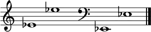 
\new Staff \with
{
  \omit TimeSignature
  fontSize = #2
  \override StaffSymbol.staff-space = #1.25
  \override StaffSymbol.thickness = #1.25
  \override Clef.full-size-change = ##t
  \override BarLine.hair-thickness = #2.4
  \override BarLine.thick-thickness = #7.5
  \override BarLine.kern = #3.75
  \override BarLine.transparent = ##t
}
{
  \time 18/8
  \clef treble
  s8
  es'1 es''
  s8
  \grace s8
  \clef bass
  \bar "|"
  s8
  es,1 es
  \override Staff.BarLine.transparent = ##f
  \bar "|."
}
