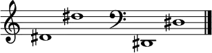 
\new Staff \with
{
  \omit TimeSignature
  fontSize = #2
  \override StaffSymbol.staff-space = #1.25
  \override StaffSymbol.thickness = #1.25
  \override Clef.full-size-change = ##t
  \override BarLine.hair-thickness = #2.4
  \override BarLine.thick-thickness = #7.5
  \override BarLine.kern = #3.75
  \override BarLine.transparent = ##t
}
{
  \time 18/8
  \clef treble
  s8
  dis'1 dis''
  s8
  \grace s8
  \clef bass
  \bar "|"
  s8
  dis,1 dis
  \override Staff.BarLine.transparent = ##f
  \bar "|."
}
