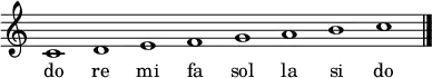 \new Staff \with { \remove "Time_signature_engraver" }
{
\time 8/1
c'1 d' e' f' g' a' b' c''
\bar "|."
}
\addlyrics
{
do re mi fa sol la si do
}