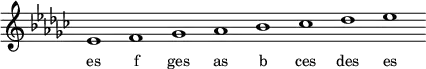 
\relative f'{
\key es \minor
\override Staff.TimeSignature #'stencil = ##f
\cadenzaOn es1 f ges as b ces des es \cadenzaOff
}
\addlyrics { \small {
es f ges as b ces des es
} }
