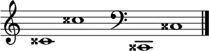 
\new Staff \with
{
  \omit TimeSignature
  fontSize = #2
  \override StaffSymbol.staff-space = #1.25
  \override StaffSymbol.thickness = #1.25
  \override Clef.full-size-change = ##t
  \override BarLine.hair-thickness = #2.4
  \override BarLine.thick-thickness = #7.5
  \override BarLine.kern = #3.75
  \override BarLine.transparent = ##t
}
{
  \time 18/8
  \clef treble
  s8
  cisis'1 cisis''
  s8
  \grace s8
  \clef bass
  \bar "|"
  s8
  cisis,1 cisis
  \override Staff.BarLine.transparent = ##f
  \bar "|."
}
