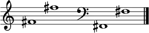 
\new Staff \with
{
  \omit TimeSignature
  fontSize = #2
  \override StaffSymbol.staff-space = #1.25
  \override StaffSymbol.thickness = #1.25
  \override Clef.full-size-change = ##t
  \override BarLine.hair-thickness = #2.4
  \override BarLine.thick-thickness = #7.5
  \override BarLine.kern = #3.75
  \override BarLine.transparent = ##t
}
{
  \time 18/8
  \clef treble
  s8
  fis'1 fis''
  s8
  \grace s8
  \clef bass
  \bar "|"
  s8
  fis,1 fis
  \override Staff.BarLine.transparent = ##f
  \bar "|."
}
