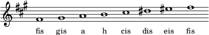 
\relative f'{
\key fis \minor
\override Staff.TimeSignature #'stencil = ##f
\cadenzaOn fis1 gis a h cis dis eis fis \cadenzaOff
}
\addlyrics { \small {
fis gis a h cis dis eis fis
} }
