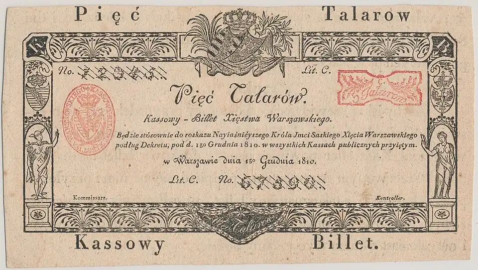 awers wzoru biletu 5 talarów