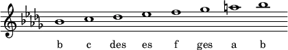 \relative c''{
\key b \minor
\override Staff.TimeSignature #'stencil = ##f
\cadenzaOn b1 c des es f ges a b \cadenzaOff
}
\addlyrics { \small {
b c des es f ges a b
} }