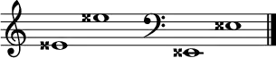 
\new Staff \with
{
  \omit TimeSignature
  fontSize = #2
  \override StaffSymbol.staff-space = #1.25
  \override StaffSymbol.thickness = #1.25
  \override Clef.full-size-change = ##t
  \override BarLine.hair-thickness = #2.4
  \override BarLine.thick-thickness = #7.5
  \override BarLine.kern = #3.75
  \override BarLine.transparent = ##t
}
{
  \time 18/8
  \clef treble
  s8
  eisis'1 eisis''
  s8
  \grace s8
  \clef bass
  \bar "|"
  s8
  eisis,1 eisis
  \override Staff.BarLine.transparent = ##f
  \bar "|."
}
