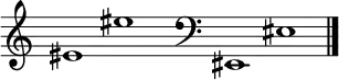
\new Staff \with
{
  \omit TimeSignature
  fontSize = #2
  \override StaffSymbol.staff-space = #1.25
  \override StaffSymbol.thickness = #1.25
  \override Clef.full-size-change = ##t
  \override BarLine.hair-thickness = #2.4
  \override BarLine.thick-thickness = #7.5
  \override BarLine.kern = #3.75
  \override BarLine.transparent = ##t
}
{
  \time 18/8
  \clef treble
  s8
  eis'1 eis''
  s8
  \grace s8
  \clef bass
  \bar "|"
  s8
  eis,1 eis
  \override Staff.BarLine.transparent = ##f
  \bar "|."
}
