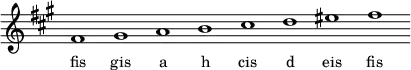 
\relative f'{
\key fis \minor
\override Staff.TimeSignature #'stencil = ##f
\cadenzaOn fis1 gis a h cis d eis fis \cadenzaOff
}
\addlyrics { \small {
fis gis a h cis d eis fis
} }
