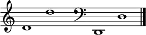 
\new Staff \with
{
  \omit TimeSignature
  fontSize = #2
  \override StaffSymbol.staff-space = #1.25
  \override StaffSymbol.thickness = #1.25
  \override Clef.full-size-change = ##t
  \override BarLine.hair-thickness = #2.4
  \override BarLine.thick-thickness = #7.5
  \override BarLine.kern = #3.75
  \override BarLine.transparent = ##t
}
{
  \time 18/8
  \clef treble
  s8
  d'1 d''
  s8
  \grace s8
  \clef bass
  \bar "|"
  s8
  d,1 d
  \override Staff.BarLine.transparent = ##f
  \bar "|."
}
