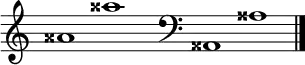 
\new Staff \with
{
  \omit TimeSignature
  fontSize = #2
  \override StaffSymbol.staff-space = #1.25
  \override StaffSymbol.thickness = #1.25
  \override Clef.full-size-change = ##t
  \override BarLine.hair-thickness = #2.4
  \override BarLine.thick-thickness = #7.5
  \override BarLine.kern = #3.75
  \override BarLine.transparent = ##t
}
{
  \time 18/8
  \clef treble
  s8
  aisis'1 aisis''
  s8
  \grace s8
  \clef bass
  \bar "|"
  s8
  aisis,1 aisis
  \override Staff.BarLine.transparent = ##f
  \bar "|."
}
