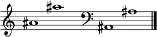 
\new Staff \with
{
  \omit TimeSignature
  fontSize = #2
  \override StaffSymbol.staff-space = #1.25
  \override StaffSymbol.thickness = #1.25
  \override Clef.full-size-change = ##t
  \override BarLine.hair-thickness = #2.4
  \override BarLine.thick-thickness = #7.5
  \override BarLine.kern = #3.75
  \override BarLine.transparent = ##t
}
{
  \time 18/8
  \clef treble
  s8
  ais'1 ais''
  s8
  \grace s8
  \clef bass
  \bar "|"
  s8
  ais,1 ais
  \override Staff.BarLine.transparent = ##f
  \bar "|."
}
