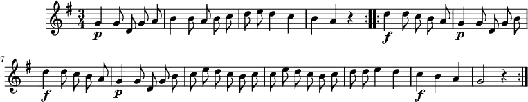  \header {tagline = ""}{{\key g \major \time 3/4
\autoBeamOff \repeat volta 2 {g'4\p g'8 d'8 g'8 a'8 b'4 b'8 a'8 b'8 c''8 d''8 e''8 d''4 c''4 b'4 a'4 r4}
\repeat volta 2 {d''4\f d''8 c''8 b'8 a'8 g'4\p g'8 d'8 g'8 b'8 d''4\f d''8 c''8 b'8 a'8 g'4\p g'8 d'8 g'8 b'8 c''8 e''8 d''8 c''8 b'8 c''8 c''8 e''8 d''8 c''8 b'8 c''8 d''8 d''8 e''4 d''4 c''4\f b'4 a'4 g'2 r4}}}
\score {\unfoldRepeats {{\key g \major \time 3/4 \tempo 4 = 120
\autoBeamOff \repeat volta 2 {g'4\p g'8 d'8 g'8 a'8 b'4 b'8 a'8 b'8 c''8 d''8 e''8 d''4 c''4 b'4 a'4 r4}
\repeat volta 2 {d''4\f d''8 c''8 b'8 a'8 g'4\p g'8 d'8 g'8 b'8 d''4\f d''8 c''8 b'8 a'8 g'4\p g'8 d'8 g'8 b'8 c''8 e''8 d''8 c''8 b'8 c''8 c''8 e''8 d''8 c''8 b'8 c''8 d''8 d''8 e''4 d''4 c''4\f b'4 a'4 g'2 r4}}}
\midi {}}