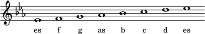 
\relative f'{
\key es \major
\override Staff.TimeSignature #'stencil = ##f
\cadenzaOn es1 f g as bes c d es \cadenzaOff
}
\addlyrics { \small {
es f g as b c d es
} }
