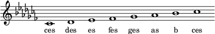 \relative c'{
\key ces \major
\override Staff.TimeSignature #'stencil = ##f
\cadenzaOn ces1 des es fes ges as bes ces \cadenzaOff
}
\addlyrics { \small {
ces des es fes ges as b ces
} }