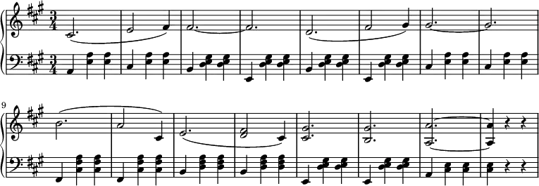 
 \relative g'' {
  \new PianoStaff <<
   \new Staff { \key fis \minor \time 3/4
    \tempo \markup {
     \column {
   }
    }
    cis,,2.( e2 fis4) fis2.~ fis d2.( fis2 gis4) gis2.~ gis b( a2 cis,4) e2.( <d fis>2 cis4) <cis gis'>2. <b gis'> <a a'>~ <a a'>4 r r
   }
   \new Staff { \key fis \minor \time 3/4 \clef bass
   a, <e' a> <e a> cis <e a> <e a> b <d e gis> <d e gis> e, <d' e gis> <d e gis> b <d e gis> <d e gis> e, <d' e gis> <d e gis> cis <e a> <e a> cis <e a> <e a> fis, <a' fis cis> <a fis cis> fis, <a' fis cis> <a fis cis> b, <a' fis d> <a fis d> b, <a' fis d> <a fis d>e, <d' e gis> <d e gis> e, <d' e gis> <d e gis> a <cis e> <cis e> <cis e> r r
   }
  >>
 }
