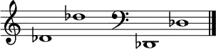 
\new Staff \with
{
  \omit TimeSignature
  fontSize = #2
  \override StaffSymbol.staff-space = #1.25
  \override StaffSymbol.thickness = #1.25
  \override Clef.full-size-change = ##t
  \override BarLine.hair-thickness = #2.4
  \override BarLine.thick-thickness = #7.5
  \override BarLine.kern = #3.75
  \override BarLine.transparent = ##t
}
{
  \time 18/8
  \clef treble
  s8
  des'1 des''
  s8
  \grace s8
  \clef bass
  \bar "|"
  s8
  des,1 des
  \override Staff.BarLine.transparent = ##f
  \bar "|."
}
