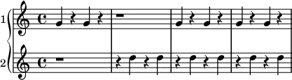 
\new GrandStaff <<
  \new Staff \with {instrumentName = "1"}
  {g' r g' r r1 g'4 r g' r g' r g' r}
  \new Staff \with {instrumentName = "2"}
  {r1 r4 d'' r d'' r d'' r d'' r d'' r d''}
>>
