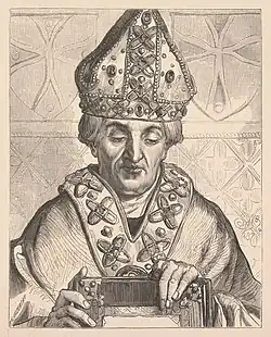 Mikołaj z Gorzkowa, autorstwa Jana Matejki (1873). Za nim na górze dwa herby Gierałt