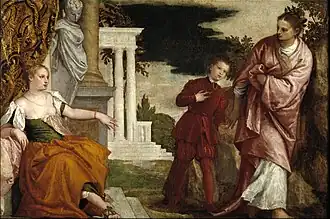 Po prawej stronie siedzi personifikacja występku (kobieta z obnażoną piersią). Wyciąga rękę w kierunku przechodzącego obok chłopca. Chłopiec nie patrzy na nią. Idzie z ręką na sercu, drugą ręką trzymając opiekunkę - ubraną w długie suknie kobietę uosabiającą cnotę.