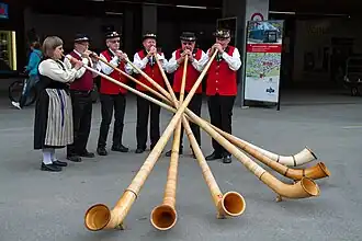 Grupa muzyków dmących w trąby pasterskie