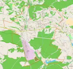 Mapa konturowa Alwerni, blisko centrum na lewo znajduje się punkt z opisem „Alwernia”