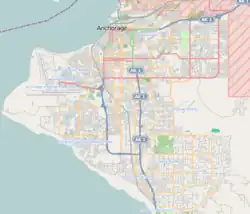 Mapa konturowa Anchorage, u góry po prawej znajduje się punkt z opisem „Sobór św. Innocentego z Alaski w Anchorage”