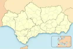 Mapa konturowa Andaluzji, po lewej znajduje się punkt z opisem „Moguer”