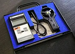 Otwarta czarna walizeczka z niebieskim, gąbkowym wypełnieniem. Po prawej czujnik anemometru: mały wiatraczek w plastikowej obudowie z rączką. Po lewej pudełko z wyświetlaczem. Oba elementy połączone przewodem.