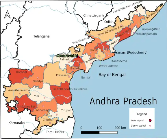 Mapa dystryktów stanu Andhra Pradesh po reformie z 2022 roku i drobnej korekcie granic w roku 2023