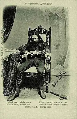 Kazimierz Kamiński jako Stańczyk, scena z prapremiery Wesela Stanisława Wyspiańskiego, rok 1901.