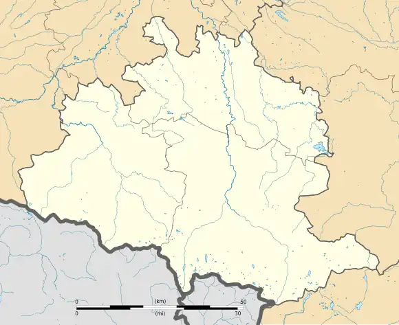 Mapa konturowa Ariège, po prawej znajduje się punkt z opisem „Lavelanet”