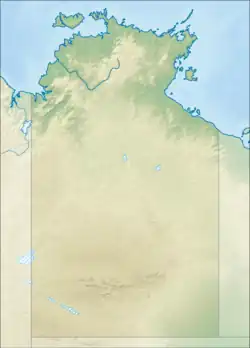 Mapa konturowa Terytorium Północnego, blisko górnej krawiędzi po lewej znajduje się punkt z opisem „Bathurst”