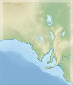 Mapa konturowa Australii Południowej, u góry nieco na prawo znajduje się owalna plamka nieco zaostrzona i wystająca na lewo w swoim dolnym rogu z opisem „Eyre”