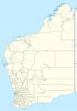 Mapa konturowa Australii Zachodniej, na dole po lewej znajduje się punkt z opisem „Fremantle Submarine Base”