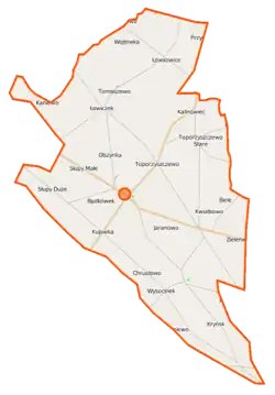 Mapa konturowa gminy Bądkowo, blisko centrum na dole znajduje się punkt z opisem „Chrustowo”