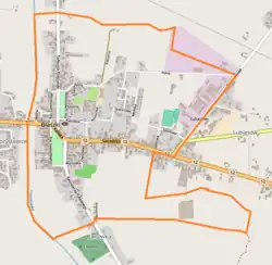 Mapa konturowa Błaszek, po lewej znajduje się punkt z opisem „Parafia pod wezwaniem Świętej Anny”