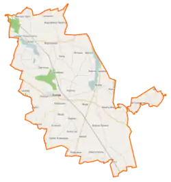 Mapa konturowa gminy Babiak, po lewej nieco na dole znajduje się punkt z opisem „Lichenek”