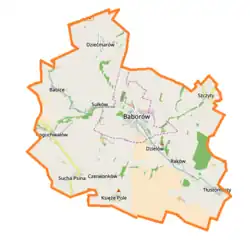 Mapa konturowa gminy Baborów, na dole po prawej znajduje się punkt z opisem „Langowo”