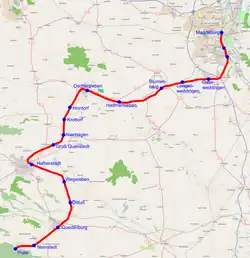 Mapa przebiegu linii kolejowej 6404 (Magdeburg–Halberstadt), 6344 (Halberstadt–Wegeleben), 6405 (Wegeleben–Thale)