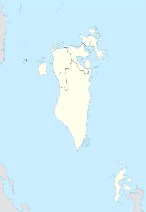 Mapa konturowa Bahrajnu, u góry znajduje się punkt z opisem „Manama”