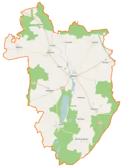 Mapa konturowa gminy Banie, u góry znajduje się punkt z opisem „Trzaski”