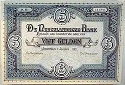 Banknot o nominale 5 guldenów wydrukowany przez Joh. Enschedé