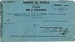 Akcja Banque du Peuple założonego przez Pierre’a-Josepha Proudhona 31 stycznia 1849 r. o wartości nominalnej 5 franków, przygotowana do emisji w lutym 1849 r. i własnoręcznie podpisana przez Proudhona
