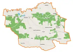 Mapa konturowa gminy Baranów, u góry po prawej znajduje się punkt z opisem „Zagóźdź”