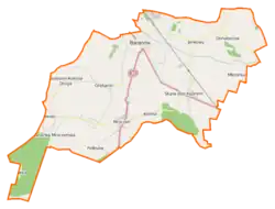 Mapa konturowa gminy Baranów, blisko centrum na lewo znajduje się punkt z opisem „Łęka Mroczeńska”