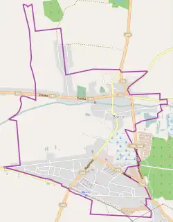 Mapa konturowa Barcina, na dole znajduje się punkt z opisem „Barcin”